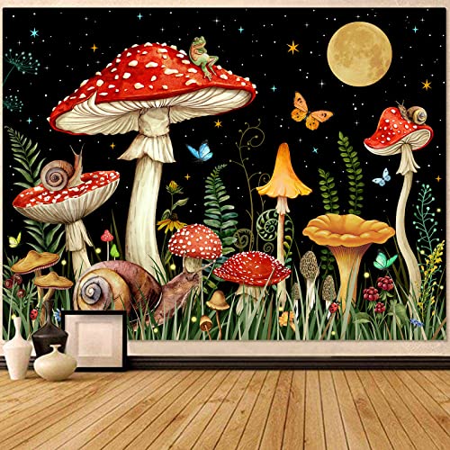 Zussun Red Mushroom Tapestry Moon Star Tapestries for Bedroom Aesthetic Starry Night Green Plant Tapastrys Wall Hanging Butterfly Snail Frog Wall Tapestry for Living Room Dorm (Black 48 x 36)