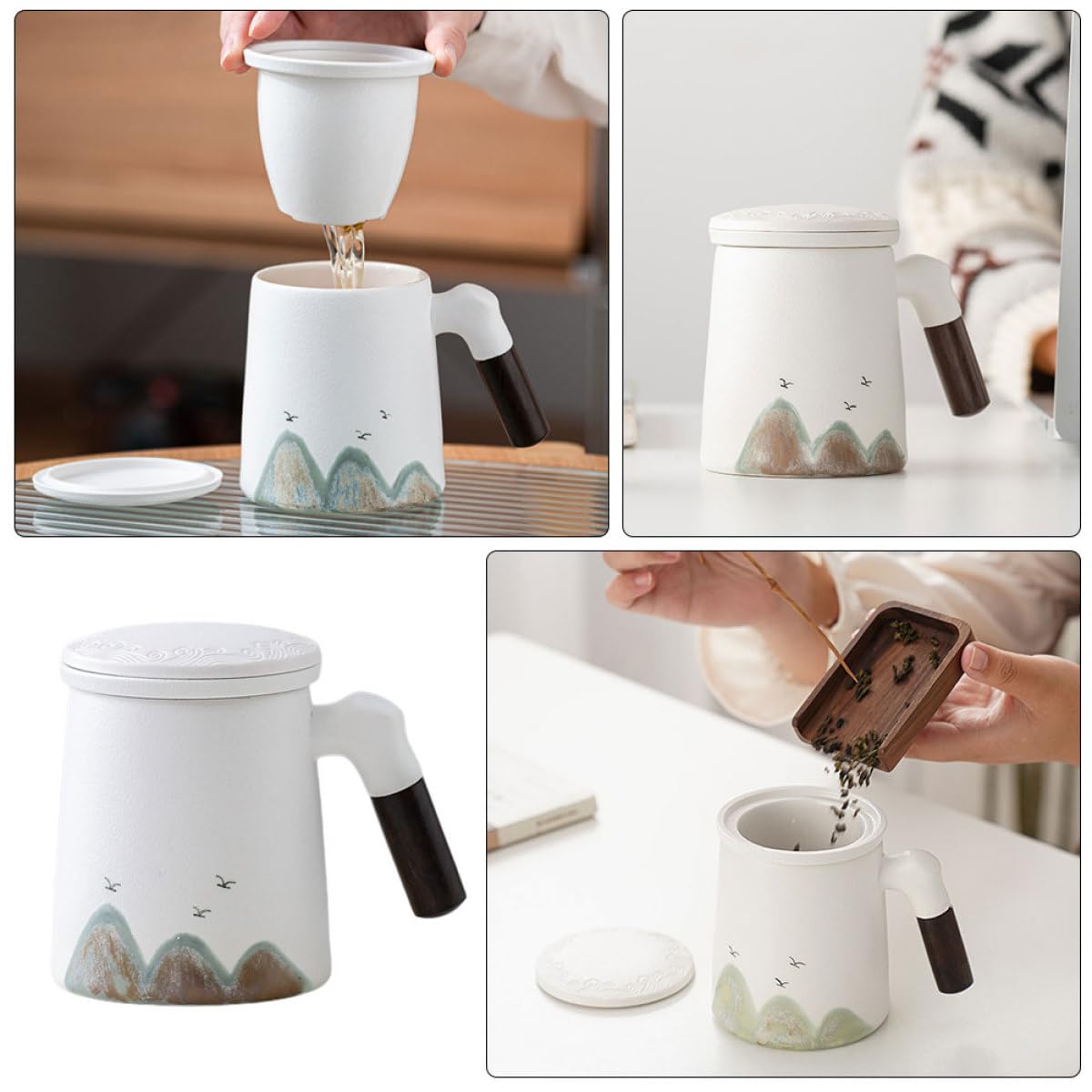 IMIKEYA Taza de Té de Cerámica con Infusor y Asa, con Tapa y Filtro, Adecuado para Preparar Té Suelto en Escritorio, white
