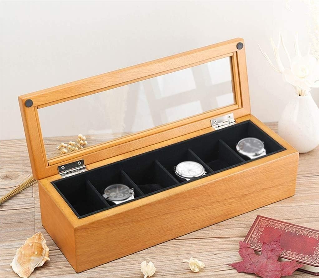 Vitrina de madera con tapa de cristal y cojines suaves, organiza y protege relojes, ideal para coleccionistas de relojes y entusiastas
