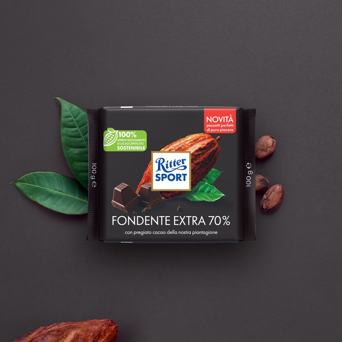 RITTER SPORT Fondente 70% Cacao, Tavoletta di Cioccolato Extra Fondente con Ingredienti Selezionati, Materie Prime da Filiera Certificata Sostenibile, 9 Pezzi x 100 g