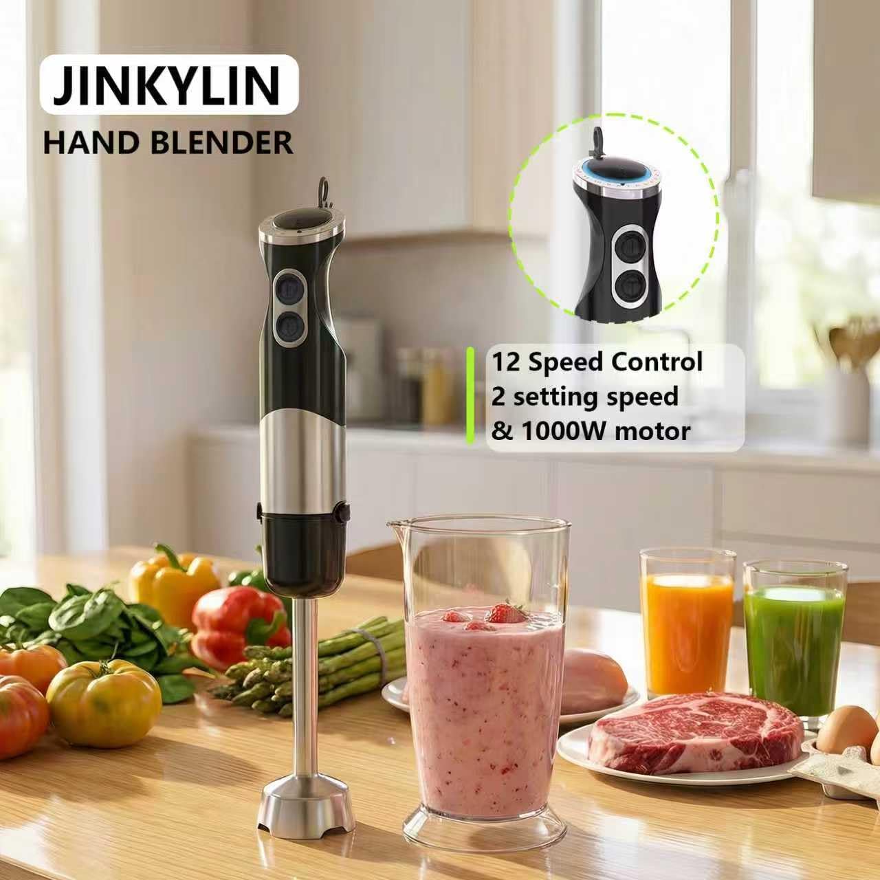 Immersion Blender Handheld, 12 Speed & Turbo Mode Hand Mixer Electric for Kitchen, 2 in 1 Stick Portable Blender with Beaker for Baby Food, Smoothie, Puree, Soup