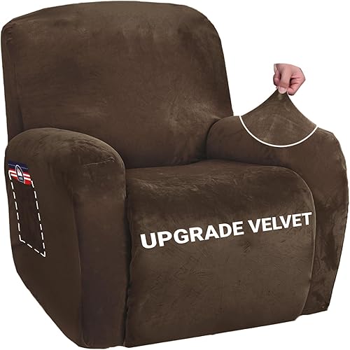 ZNSAYOTX Fundas elásticas de terciopelo reclinable, 4 piezas, funda para silla reclinable de felpa suave más gruesa con bolsillos laterales,