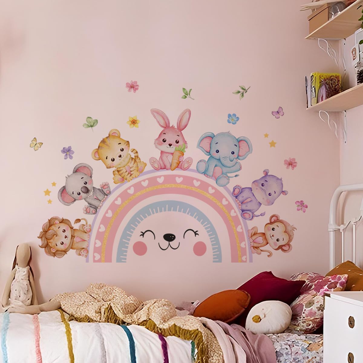 FUFUQUARE Cartoon Rainbow Animal Wall Stickers Removable Cute Jungle Elephant Tiger Floral Butterfly Wall Art Decal DIY Home Decoration for Living Room Bedroom Nursery - Image 2