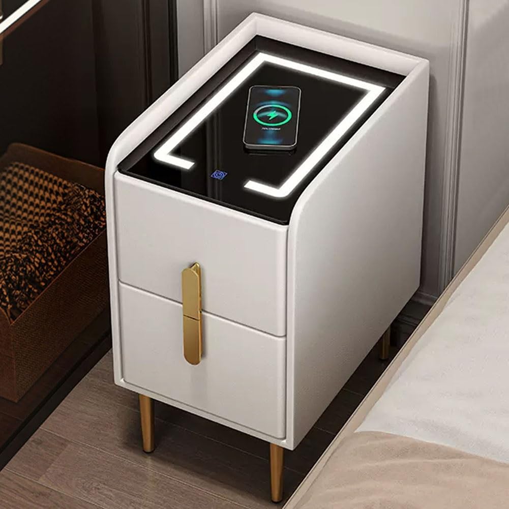 ASerZenith End Side Table With Led Lights, Smart Nightstand With Charging Station, Bedside Tables,C-30X40X50Cm