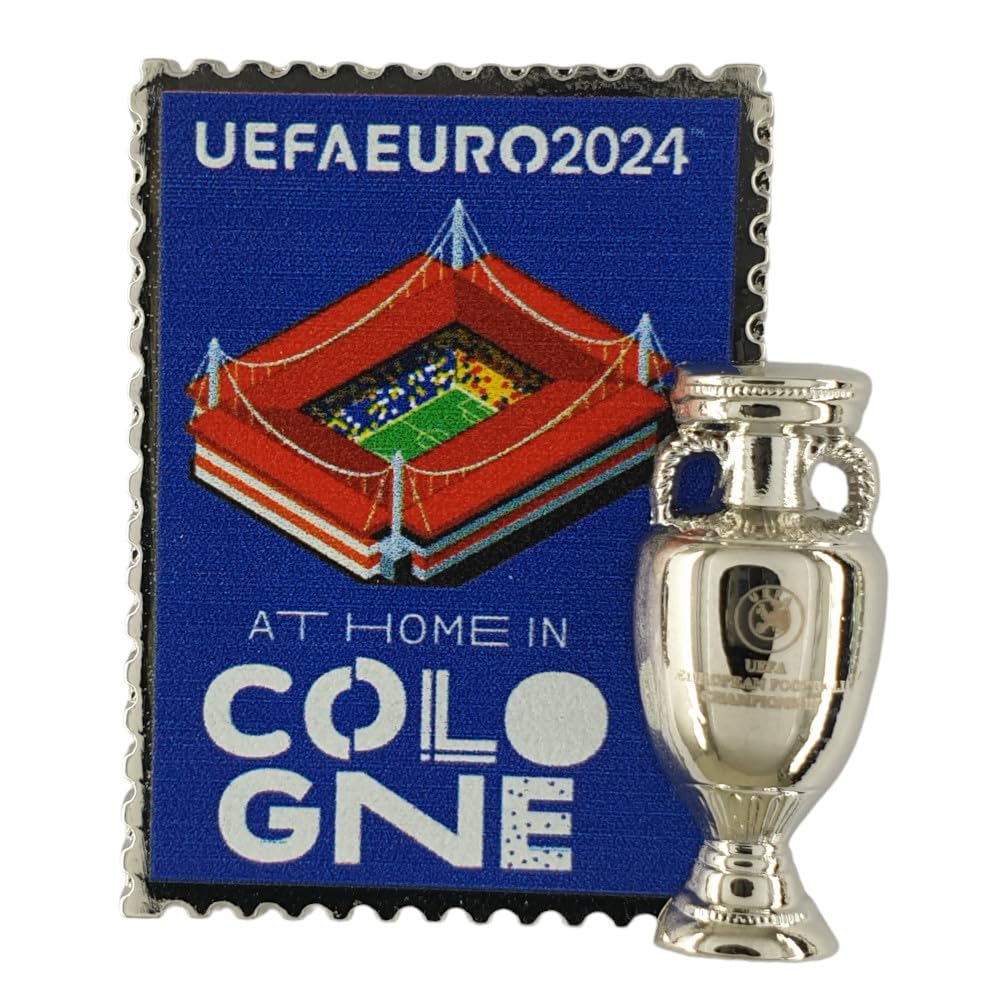 AMBALLCOM | Réplica en miniatura de la Copa Uefa EURO 2024 | Pin's anfitrión - Varias ciudades | 23x31mm | Tarjeta en papel | Regalo para los fanáticos del fútbol