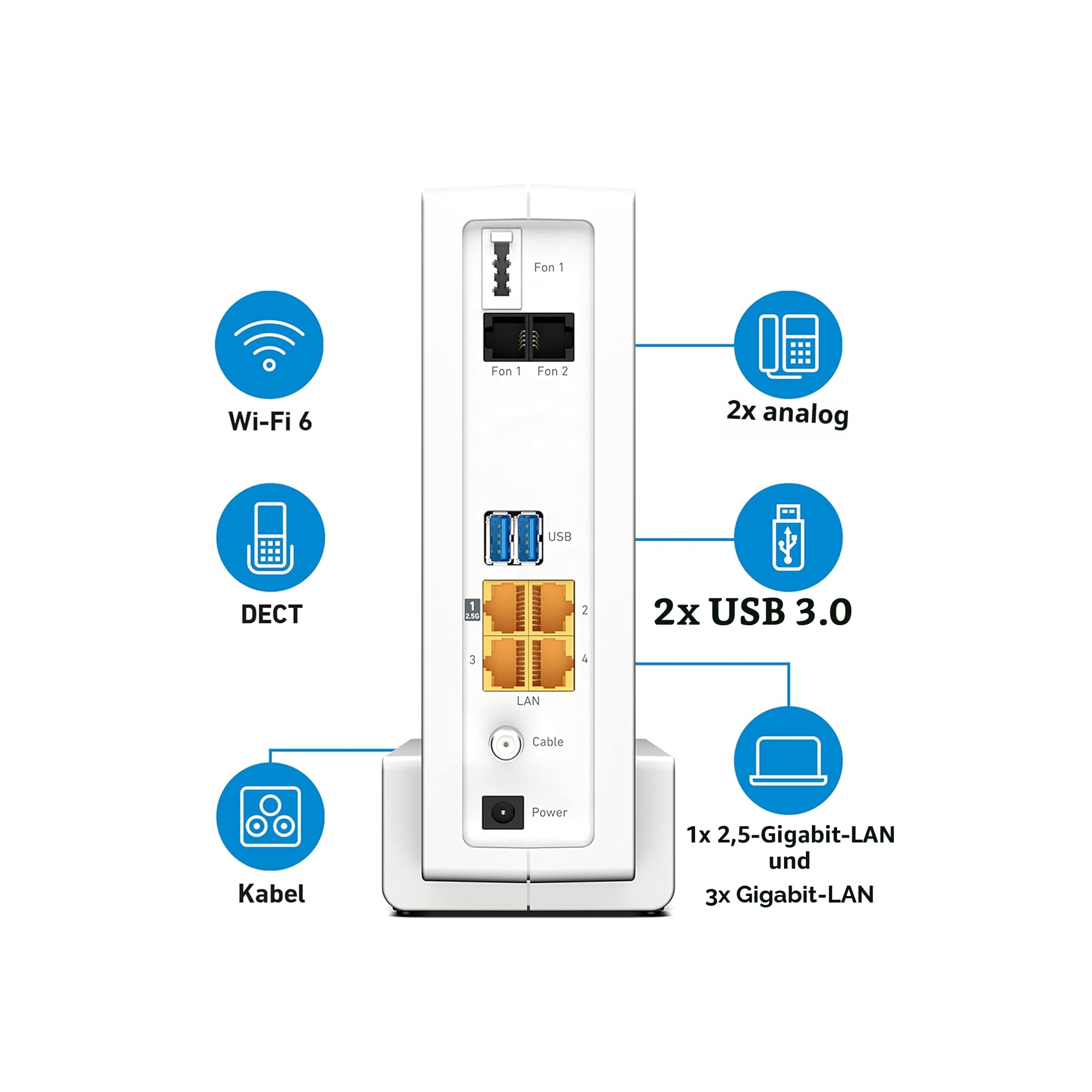 FRITZ!Box 6690 Cable | Router für einen Kabelanschluss (DOCSIS 3.1-Kabel-Modem, 4x4 Wi-Fi 6 (WLAN AX) mit 4.800 MBit/s (5 GHz) + 1.200 MBit/s (2,4 GHz), 1x 2,5-Gigabit-LAN-Anschluss, USB 3.0, DECT)