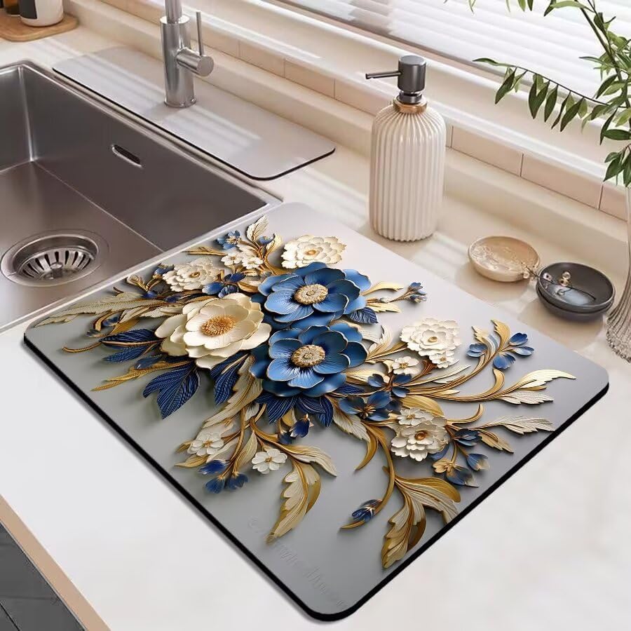 Mata do suszenia naczyń 3D – chłonna mata kuchenna z mikrofibry, ociekacz do naczyń, kwiatowy wzór na wiosnę i lato, 40 x 50 cm, idealna mata do szybkiego suszenia
