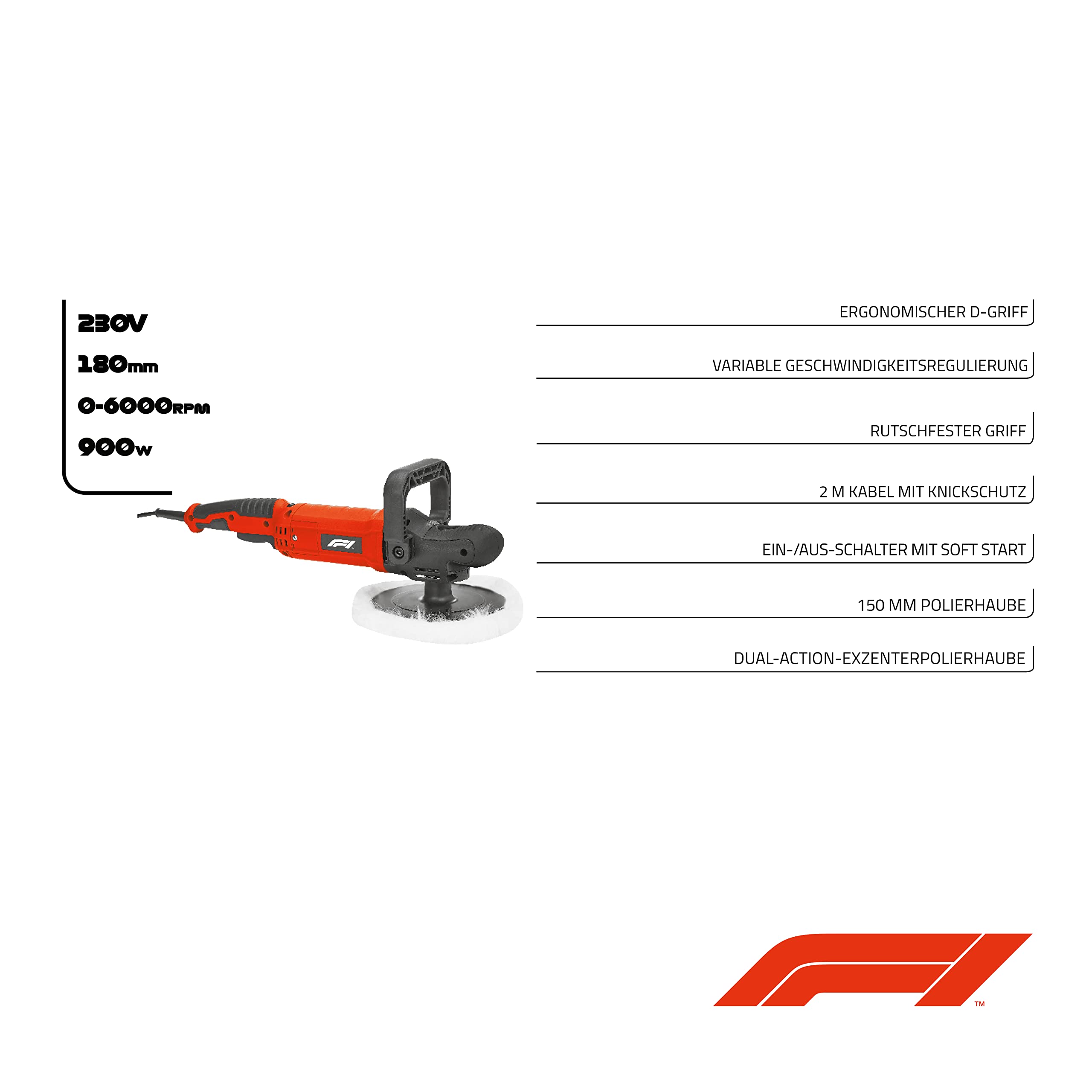Formula 1 Poliermaschine 900 W/230V, 600-4.000 U/Min Drehzahl, Soft Start, geräuscharm, 150mm Scheiben-ø, umfangreiches Zubehör