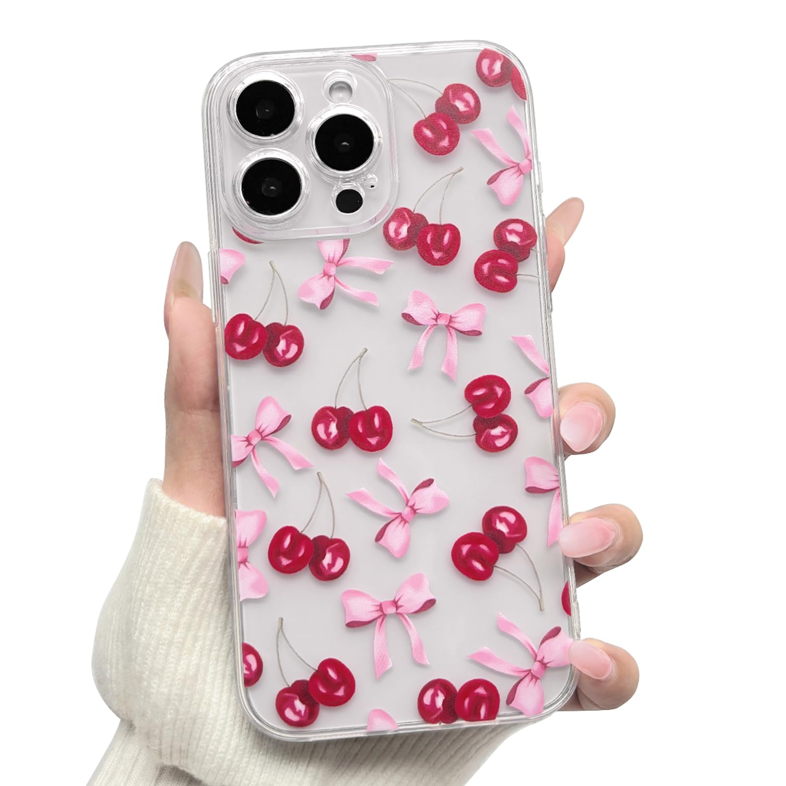 NITITOP Compatible with iPhone 15 Pro Case Cute Clear Cherry Bowknot Design for Women Girls Bow Ribbon Soft