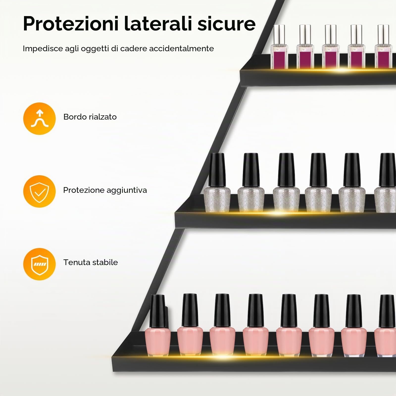 Set di 3 scaffali per smalti da parete in metallo, organizer per smalti dorati, a forma di diamante (nero)