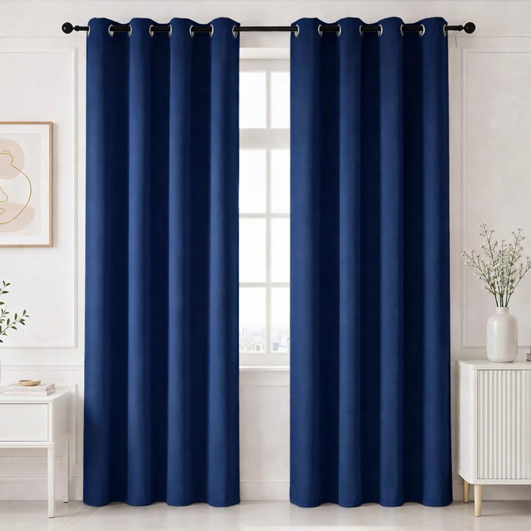 HOMEMONDE 100% True Blackout Long Door 8 Feet Curtain - Privacy and Noise Reduced Curtains with Eyelets, Light Blocking 96 Inch Long Drapes Pack of 2 - (Navy Blue, 243 x 118 CMs)