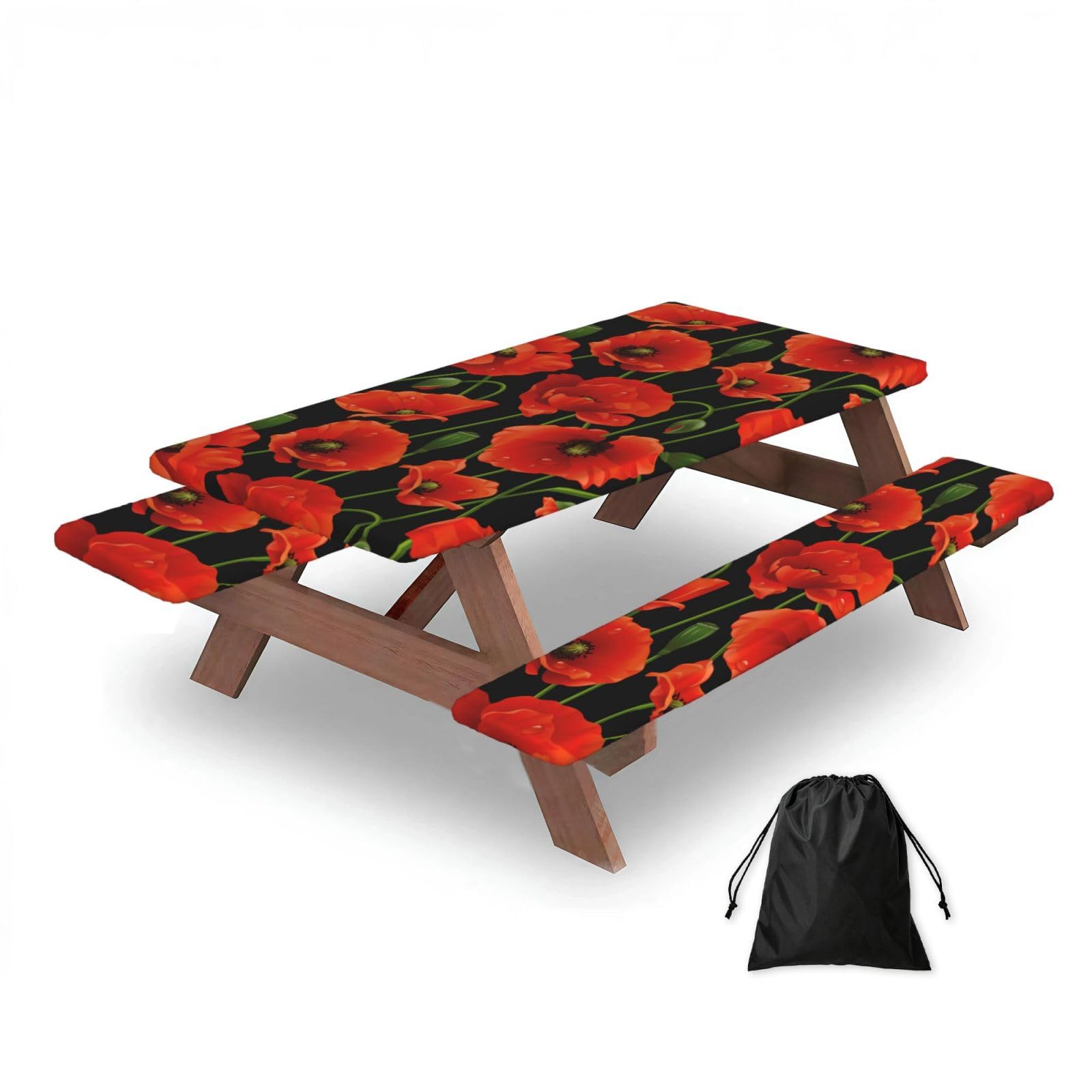 Dopklna As Picture Poppy Flower, Picnic Table Cover With Bench Covers -Waterproof Elastic Fitted Tablecloth For Garden Camping Patio 76X152cm