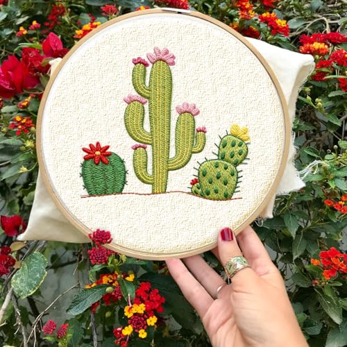 Image of INFUNLY 4 Pack Tropical Plants Embroidery Kit for Beginners Adults Cactus Embroidery Starter Kit Punch Needle Embroidery Kits Palm Leaf Cross Stitch Kits with Patterns Instructions for DIY