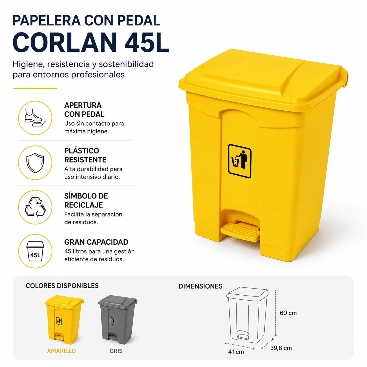 Papelera con pedal Corlan 45L con tapa de apertura sin contacto y símbolo de reciclaje | Cubo de basura plástico resistente para reciclaje 41x39,8x60 cm | Disponible en amarillo y gris (Amarillo)