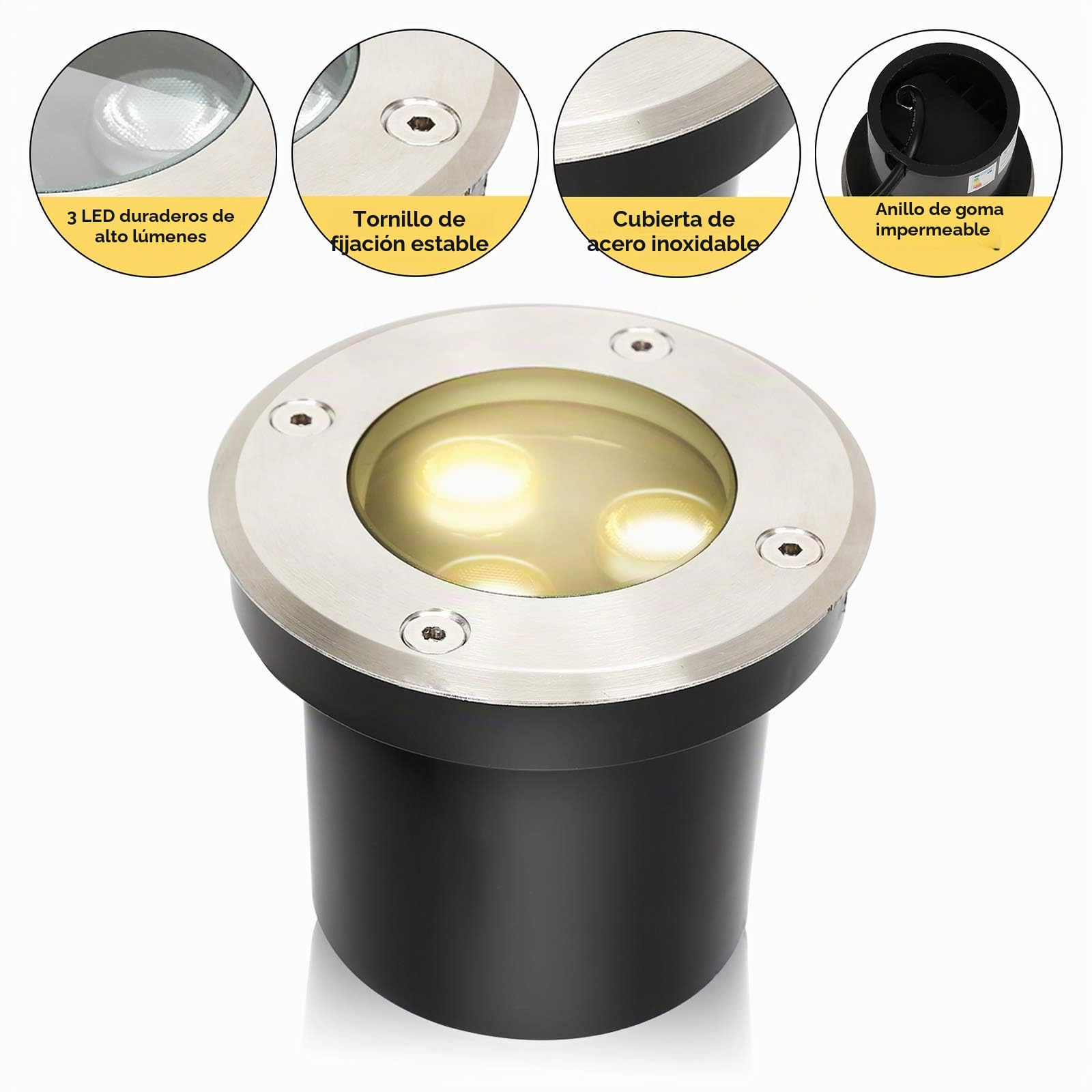 Lospitch Paquete de 8 focos de suelo, luz de suelo LED redonda de 3 W que se puede conducir, iluminación de jardín exterior impermeable IP65 para jardín, balcón, entrada (blanco cálido)