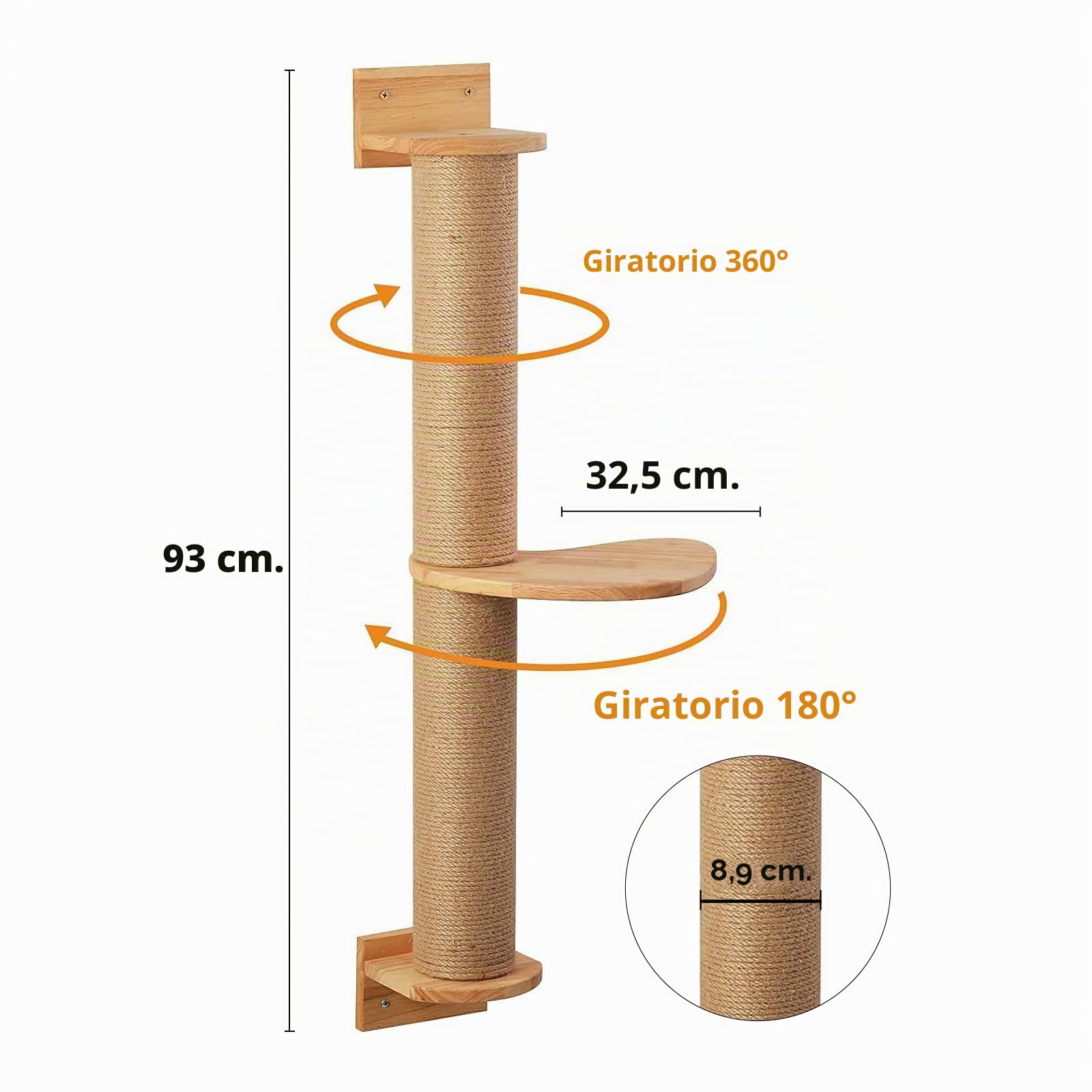 FUKUMARU Árbol para Gatos de 93 cm, Montado en la Pared, Poste Rascador y colchoneta de Yute, árbol Rascador para Gatos Hecho de Madera de Caucho sólida Natural