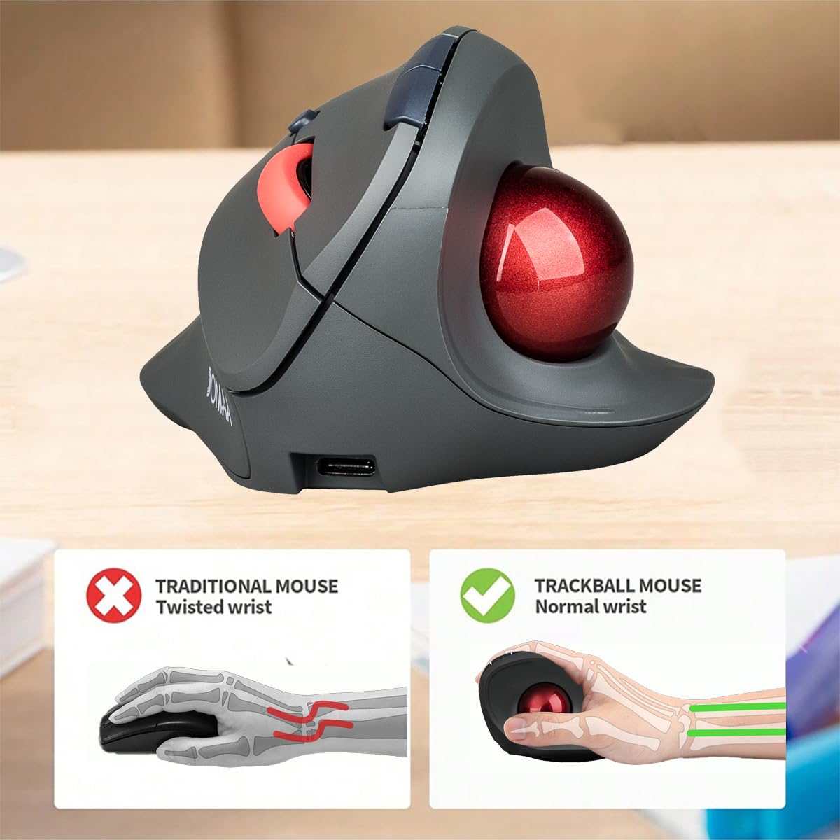 Mouse trackball verticale wireless a doppia modalità, mouse ergonomico Bluetooth con controllo del pollice con clic silenziosi, design ergonomico CPI regolabile, batteria integrata da 500 mAh