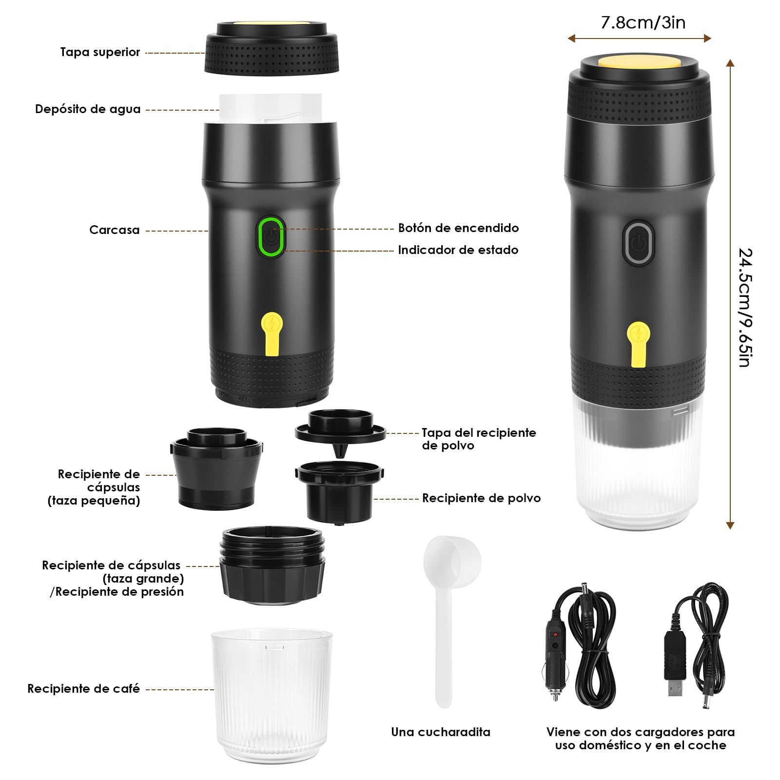 Dreamhigh® Cafetera Portatil Capsulas con 7500mAh, Máquina de Café para Viaje con USB y Auto-Carga, Compatible con Cafe Molido, Mini Cafetera Portatil Capsulas, Adecuado para Acampar y Viajar | Compatible con cápsulas y molido, carga USB y coche, ideal pa