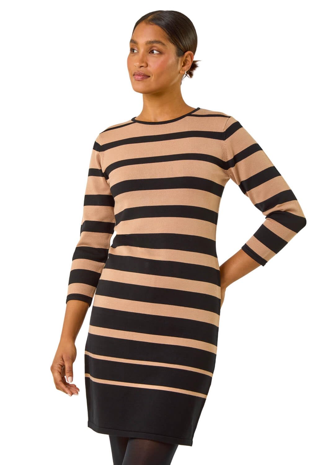 Roman Originals Women's Camel & Noir Roman Knitted Jumper Dress For Uk - Colour Block Winter Autumn Smart Casual Office Bodycon Workwear Everyday Long Sleeve Knee Length Knit Pocket - Size 12
