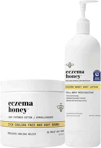 ECZEMA HONEY Itch Cooling Face & Body Rounds & Oatmeal Loción Corporal - Paquete para pieles sensibles y secas - Libre de crueldad