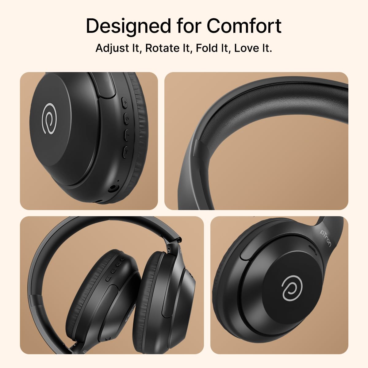 pTron Studio Classic w/ 75Hrs Playtime, Wireless Over Ear Headphones w/HD Mic, Dual Device Pairing, TruTalk AI-ENC Calls, Low-Latency Game & Music, Deep Bass, BT5.4 & Type-C Charging (Black) — Amazon image 9