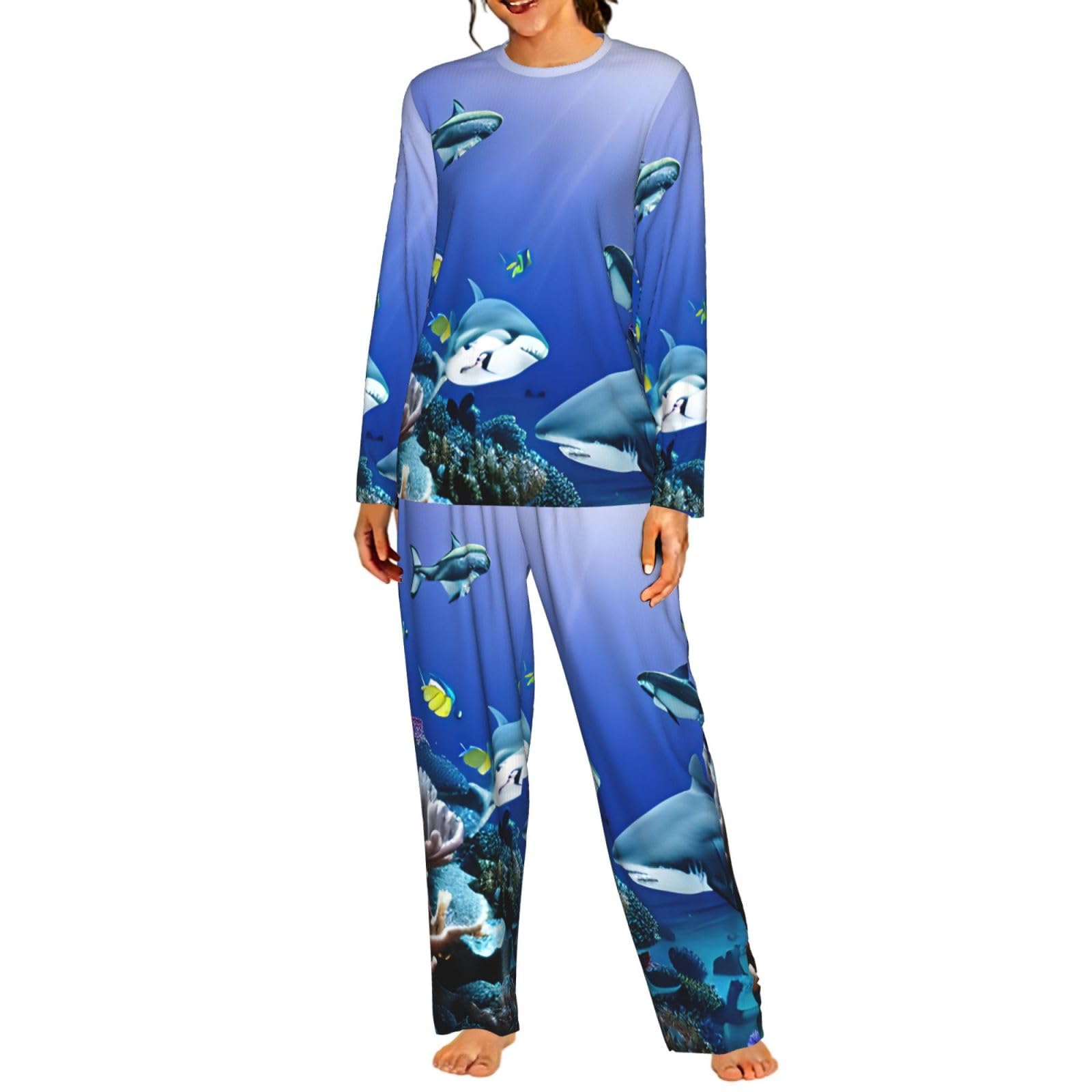 Pigiama da donna con squalo che nuota sotto il mare stampa manica lunga pigiama morbido spiaggia vacanza biancheria da notte regalo casual