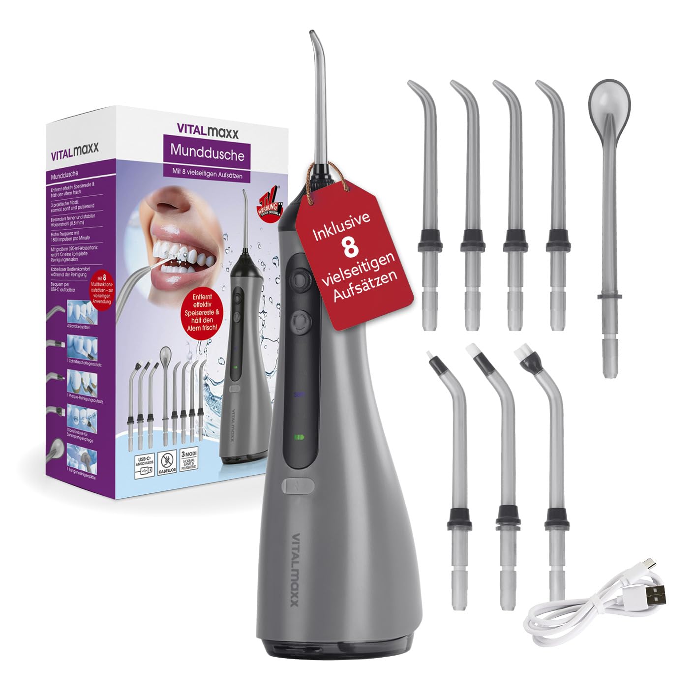 VITALmaxx Munddusche | elektrische Zahndusche - 8 Aufsätze, Wassertank | Zahnreiniger kabellos mit Timer & 3 Modi zur effektiven Mundspülung | Water Flosser, Zungenreiniger & Zahnsteinentferner in 1