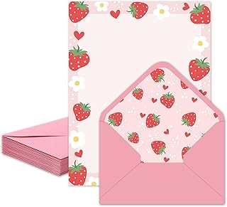 Whaline 60 Strawberry Stationery Paper Set Red Pink Strawberry Flower Letter Writing Paper with Envelopes for Birthday Baby Shower Invitation Office Printing, 8.5 x 11 Inch