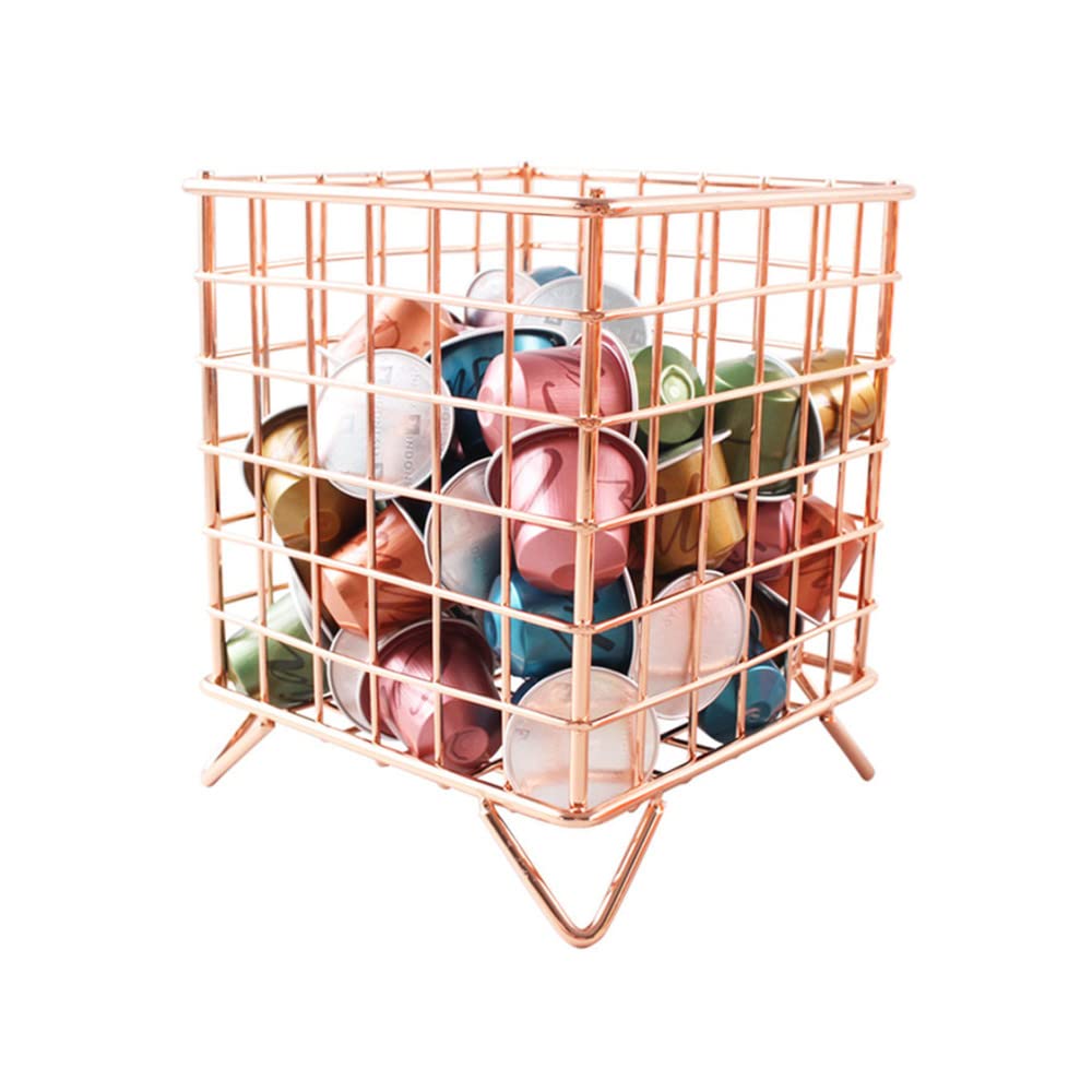 Primst Coffee Pod Basket, Square Wire Coffee Pod Holder, Metal Coffee Pod Storage Basket, Desktop Cosmetic Storage Basket (Rose Gold)