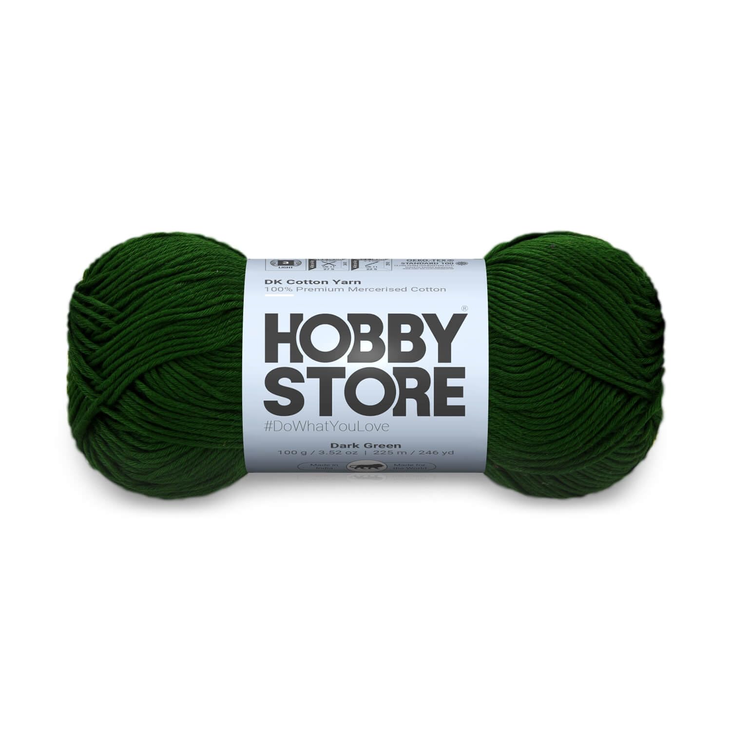 Hobby Store DK Cotton Yarn 100% Mercerised Cotton Yarn for Knitting & Crochet 100g Ball – Lightweight Double Knit Yarn for Baby Clothes, Amigurumi, Summer Wear, DIY Crafts & Home Decor (Dark Green)
