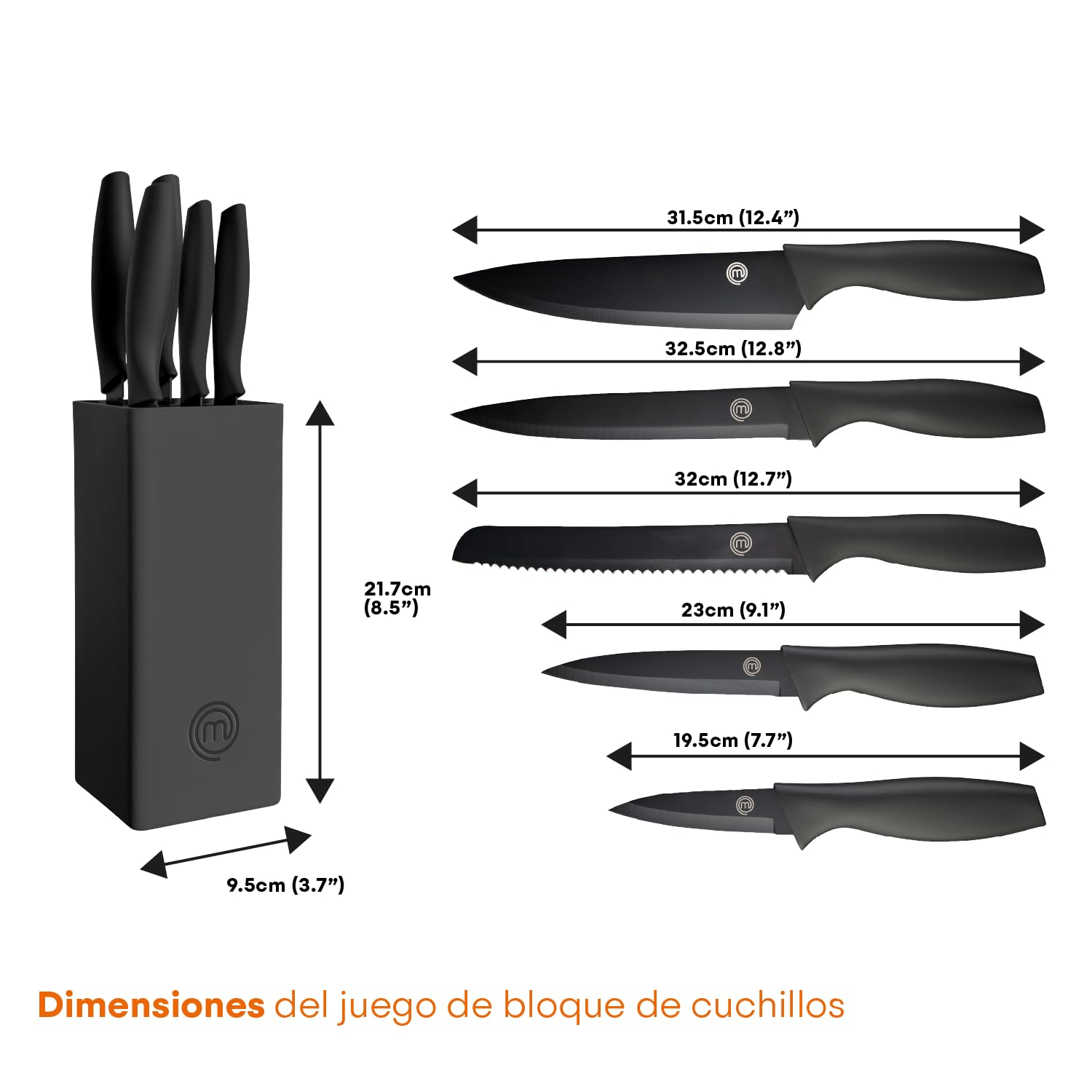 MasterChef Juego de Cuchillos de Cocina 5 Piezas, Acero Inoxidable, Negro, Tacto Suave