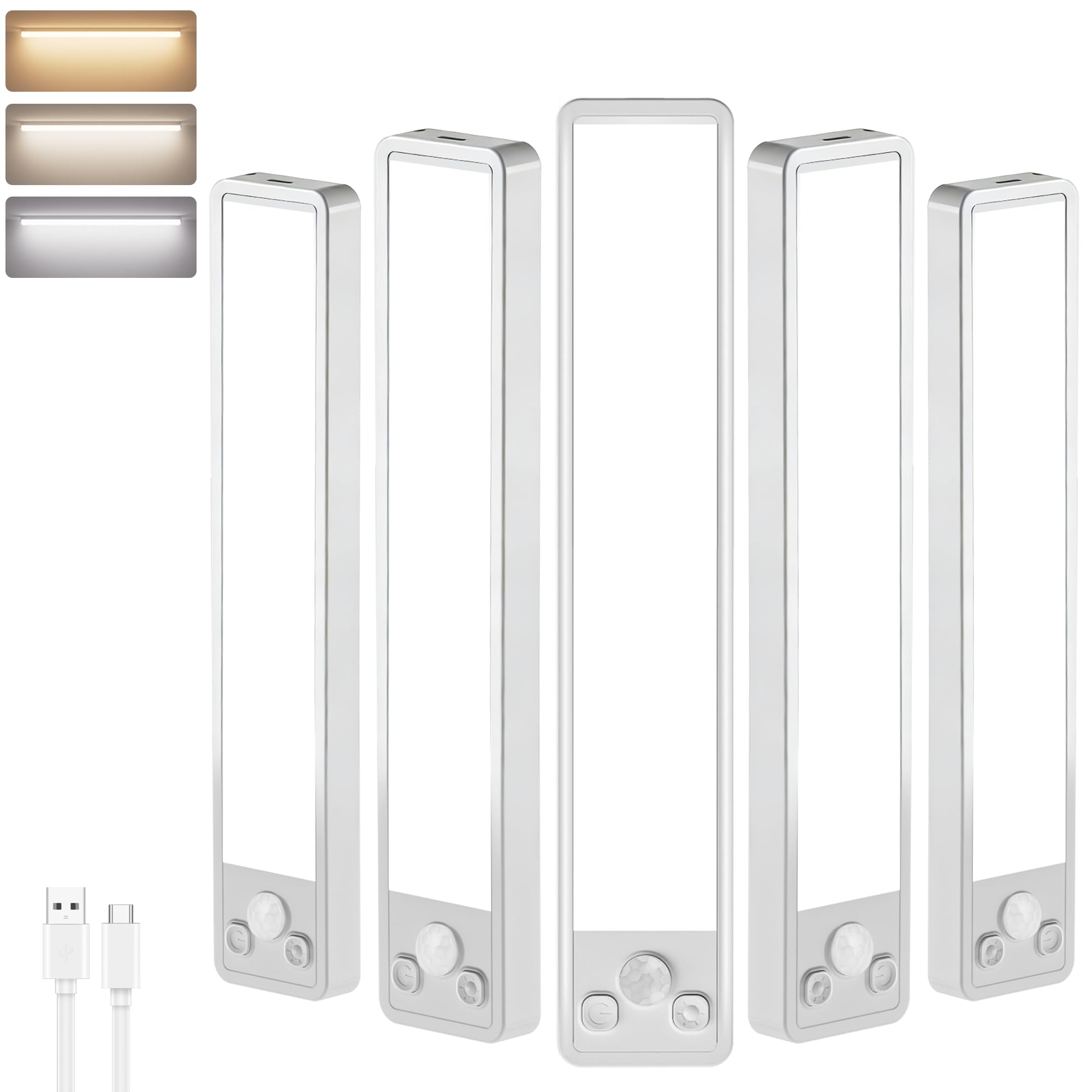 Wudyfei Under Cabinet Kitchen Lights，3 Color Temperature Stepless Dimming Motion Sensor Lights Indoor 20CM 1100mAh USB-C Rechargeable LED Lights for Shelf Stairs Kitchen（5 Pack）