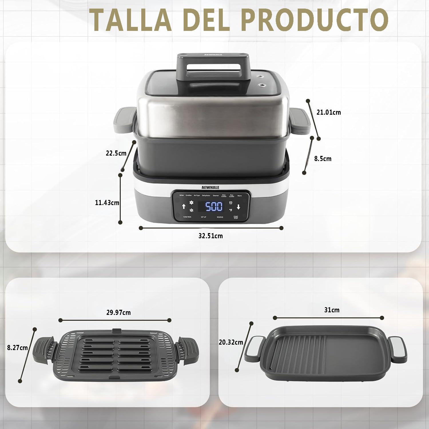 AEWHALE Olla Multifunción 8 en 1 de 4.25 L, Con Función de Cocción Lenta, Vaporera, Arrocera, Sartén y Función para Mantener el Calor. Capacidad Familiar, Color Gris