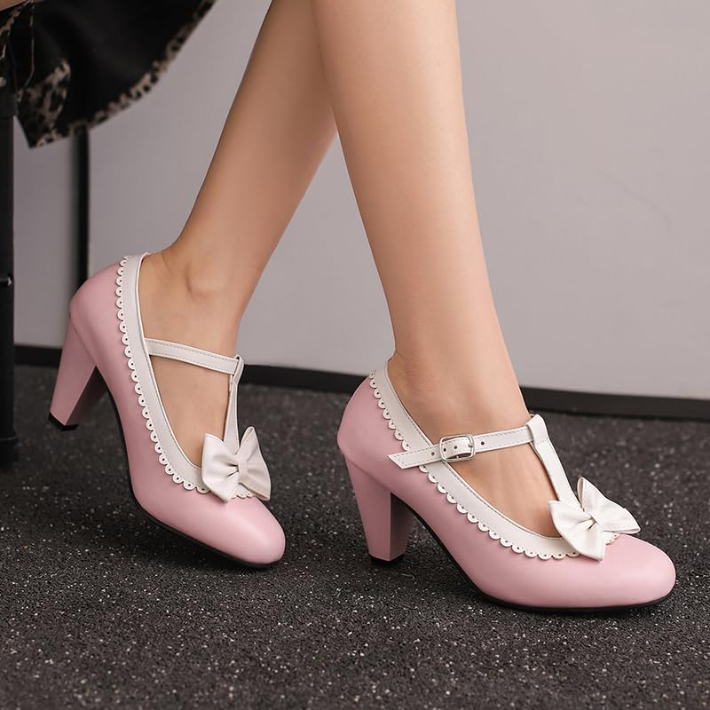 Image of Elbslutt Women's Cute Retro Rockabilly Shoes T Strap Mary Janes Heels Chunky Cosplay Shoes Sweet Block Heeled Bow Pumps