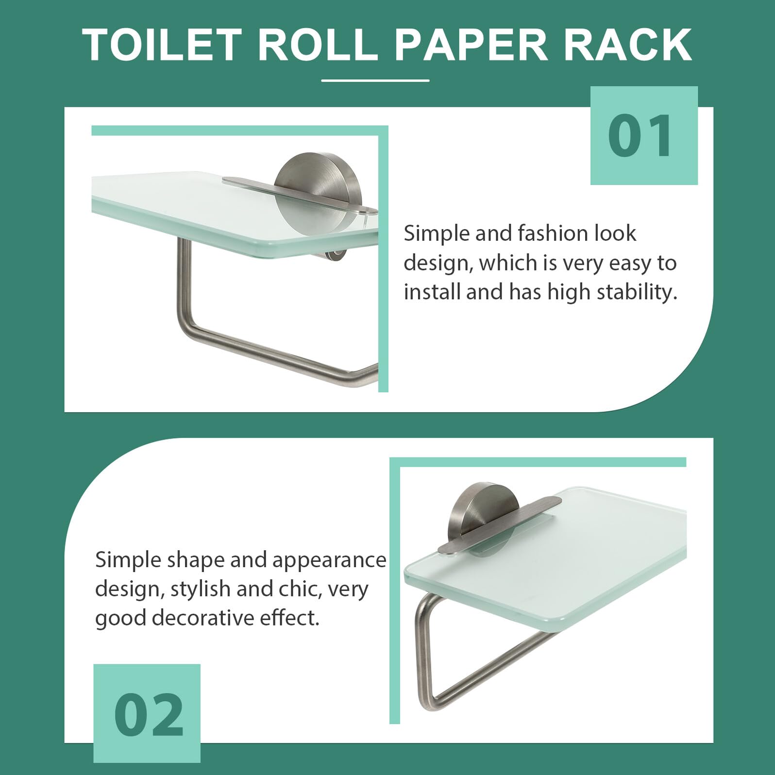 Mensola Porta Carta Chic Alta Stabilità e Facile Installazione Porta Rotolo da Parete in Acciaio Inossidabile e Vetro per Bagno e Toilette