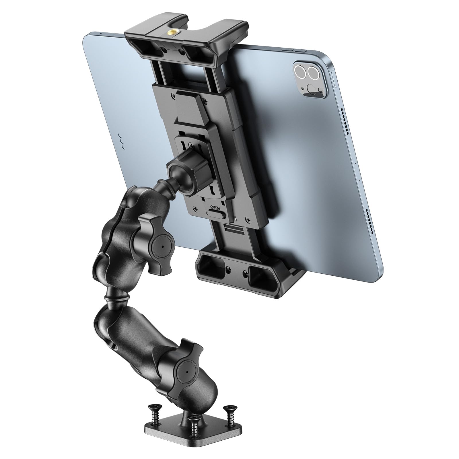 OHLPRO Samochodowy uchwyt do tabletu, wykonany z aluminium, z podstawą wiertła, uchwyt na iPad z 2-stopniowym wychylnym ramieniem, uchwyt na tablet, kompatybilny z iPad Pro 5-13" Mini Air Galaxy Tab