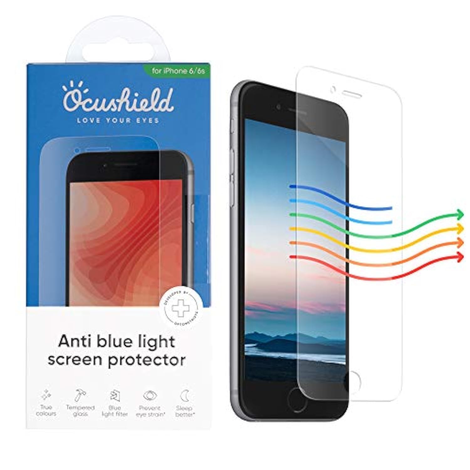 Ocushield Anti Blue Light, Tempered Glass Screen Protector For Apple iPhone 6/6S Plus- Accredited Medical Device- Protect Your Eyes For Better Sleep