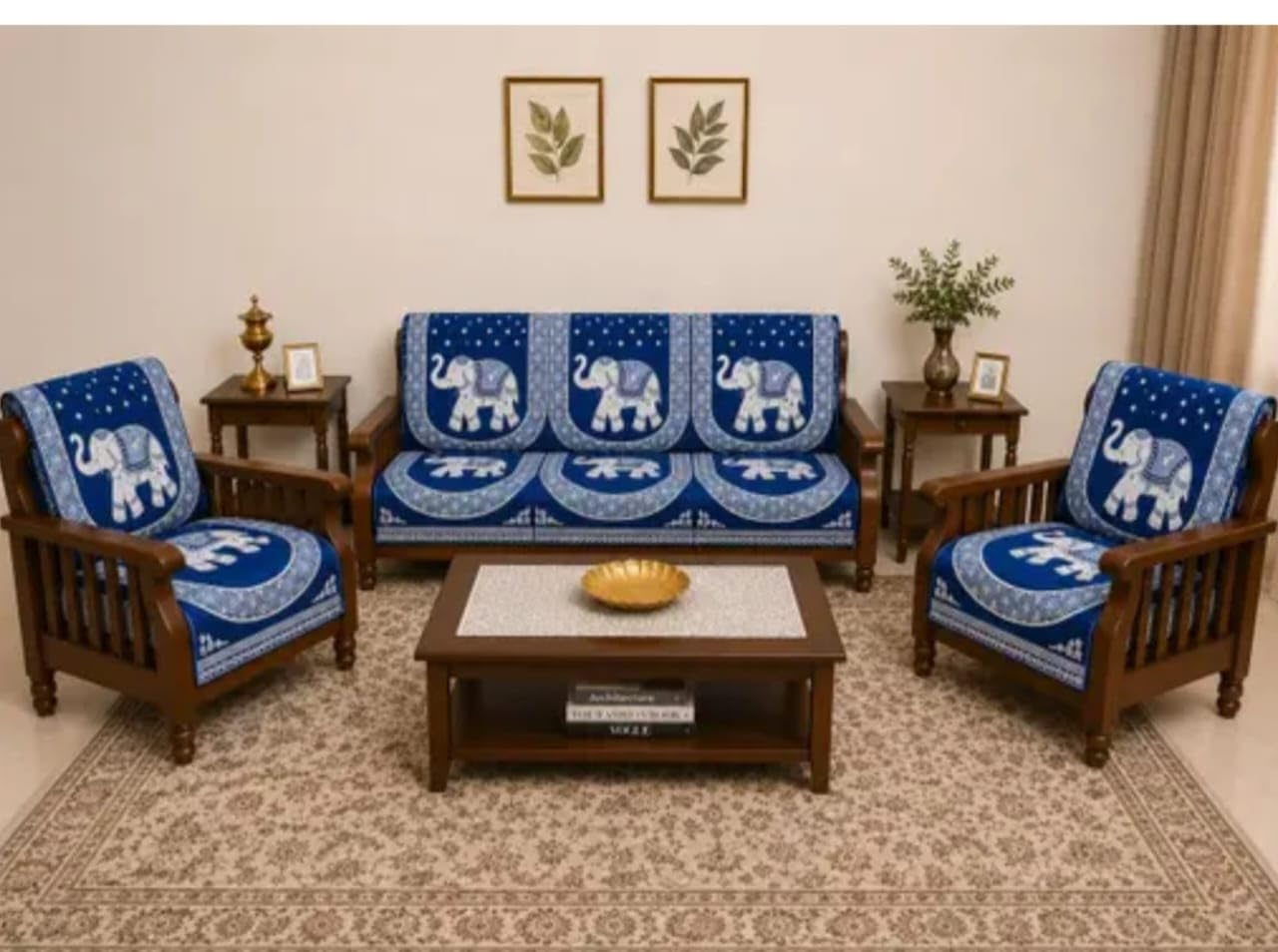 5 Seater Sofa Cover Set (3+1+1) | Hathi Print Stretch Sofa Cover | Anti-Slip Elastic Slipcover | Washable Furniture Protector for Living Room Sofa Set (Blue)-image-15