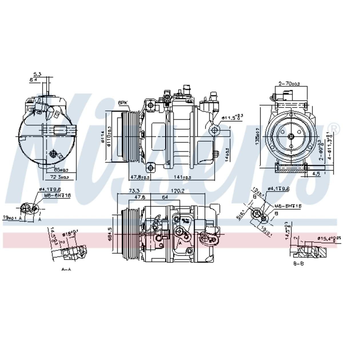 NISSENS A/C Kompressor für Klimaanlage Klimakompressor mit ID: PXV16 Kältemittel: R134a PAG 46 mit 110mm Riemenscheibe 6-Rillen Kompatibel mit LAND ROVER Range Rover III L322 351334231 JPB500210 89496