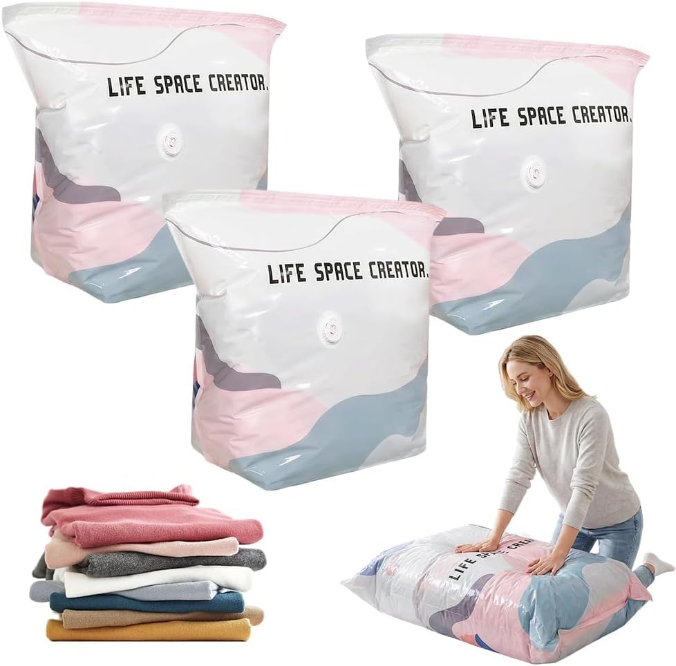 3Pcs No Pump 3D Vacuum Storage Bags, Press and Seal Compression Bags, Reusable Large Vacuum Storage Bags Vacuum Pack Bags for Clothes Duvets, Bedding Travel Home Organisation