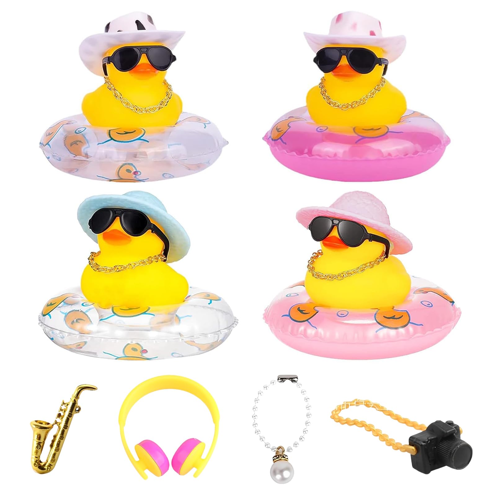 Car Rubber Ducks Decoration Set, 4 Ducks Decoration with Swim Rings and Fun Accessories, Cute Car Accessories for Dashboard, Rubber Ducks Bath Toys for Kids, Party Decor and Collectibles