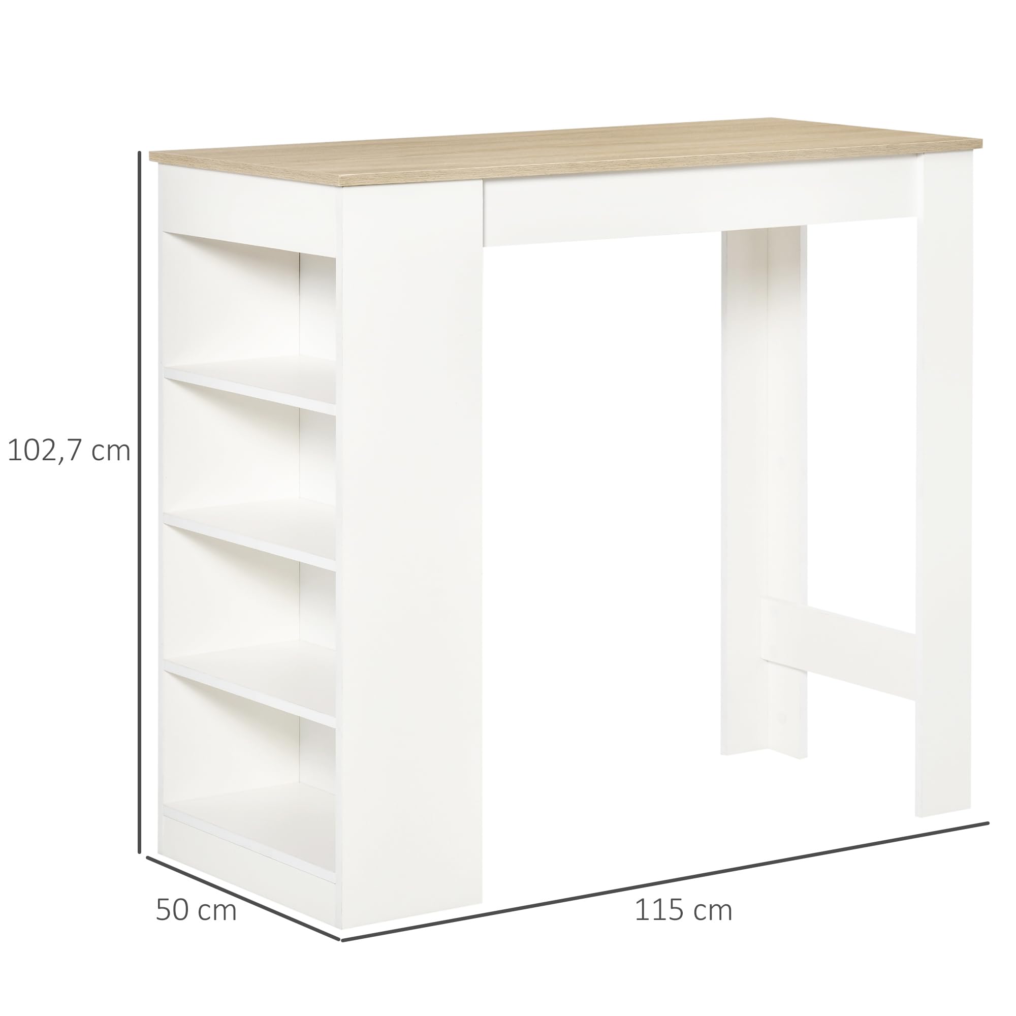 HOMCOM Table de Bar pour 2 Personnes 115 x 50 x 102,7 cm Blanc Bois Naturel | Table Haute Mange Debout, 4 Étagères Ouvertes, Ilot Central Cuisine pour Petits Espaces, Salon, Style Moderne