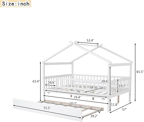 Miniatura 97 de Merax Cama de madera de tamaño matrimonial con nido, marco de cama de madera con techo para niños, adolescentes, niños o niñas, color blanco