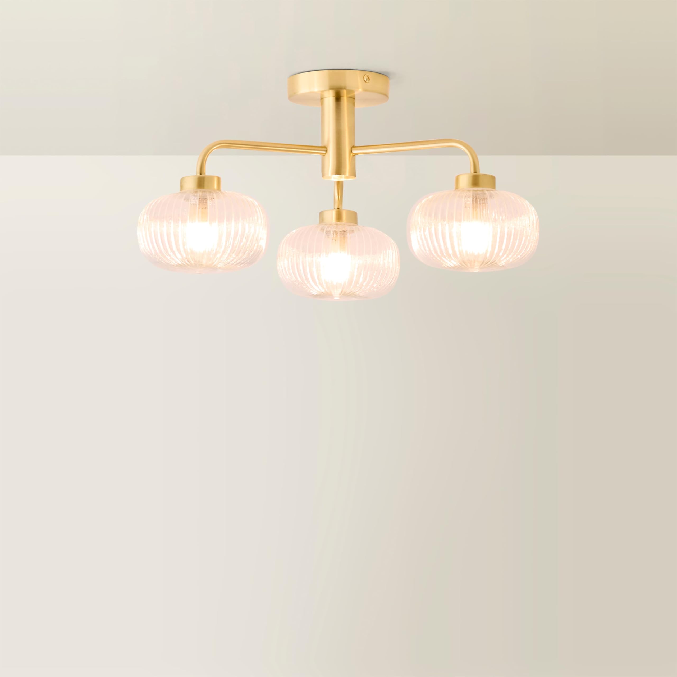 ValueLights | Gold 3 Way Ceiling Light Fitting with Clear Ribbed Lampshade | Close-to-Ceiling Lights, Home Décor & Improvement Essential | IP44 Bathroom | Mains Wired