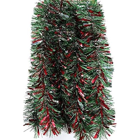 Fix Find - Green, Silver, & Red Tinsel Garland (12ft Long x 3.5in Thick) - Elegant Hanging Metallic Holiday Tinsel Garland for Christmas Specific & Party Decorating Cover
