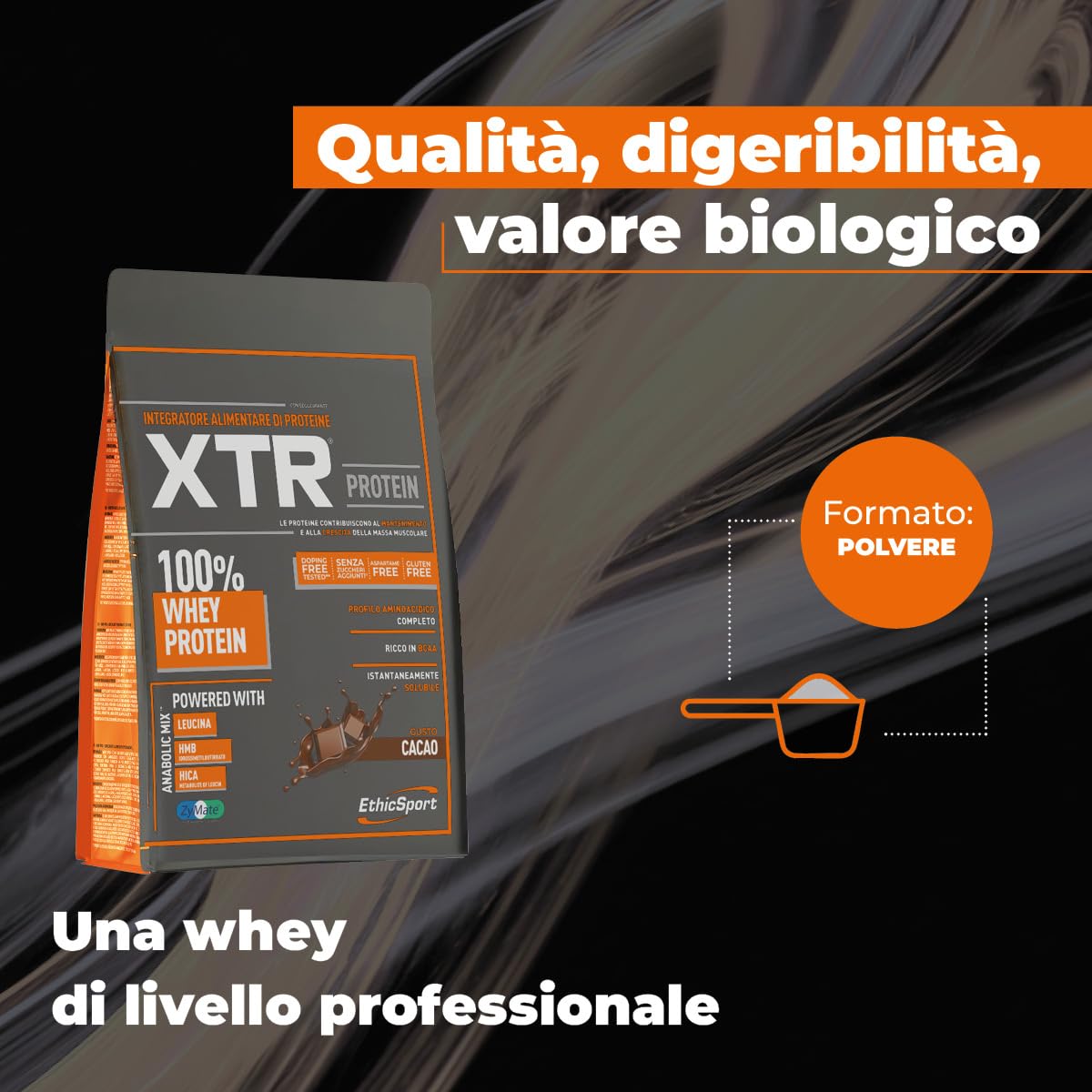 XTR - Proteine Whey EthicSport con AnabolicMix™ e ZyMate – Proteine del siero ad alta digeribilità potenziate con Leucina, HMB, HICA e Vitamina B6 – busta da 900g - Gusto Cacao