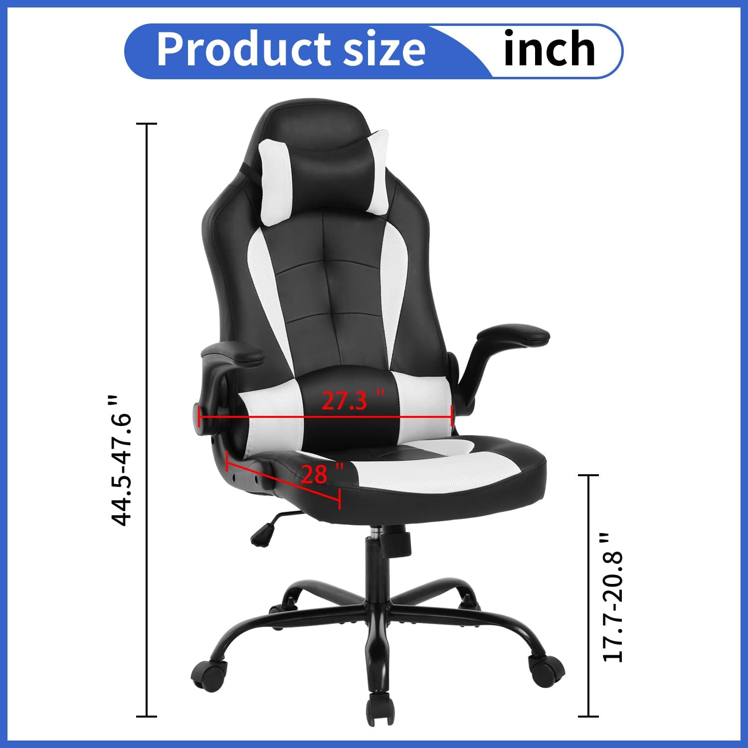 BLKMTY PC Gaming Ergonomic Computer Chair - Adjustable Office Swivel Video Game Racing Chair with Lumbar Support and Headrest - High Back Executive for Adults, White