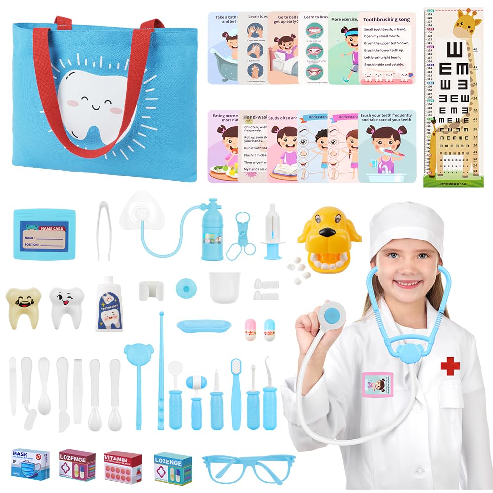 Aomig Doctors Set for Kids, 58Pcs Wooden Nurse Costume for Kids, Children Teeth Care Play Set with Stethoscope Toys, Pretend Role Play Medical Kit Toys Gifts for 3 4 5 6 Year Old Toddlers