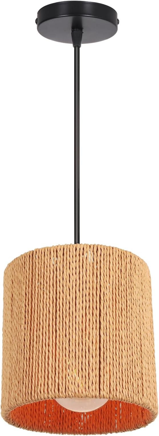 LIGKIN vintage rotan hanglamp E27 Boho Retro plafondlamp, metalen lampenkap Ø15cm hennep touw plafondlamp verlichting voor restaurant, lounge, keuken, café