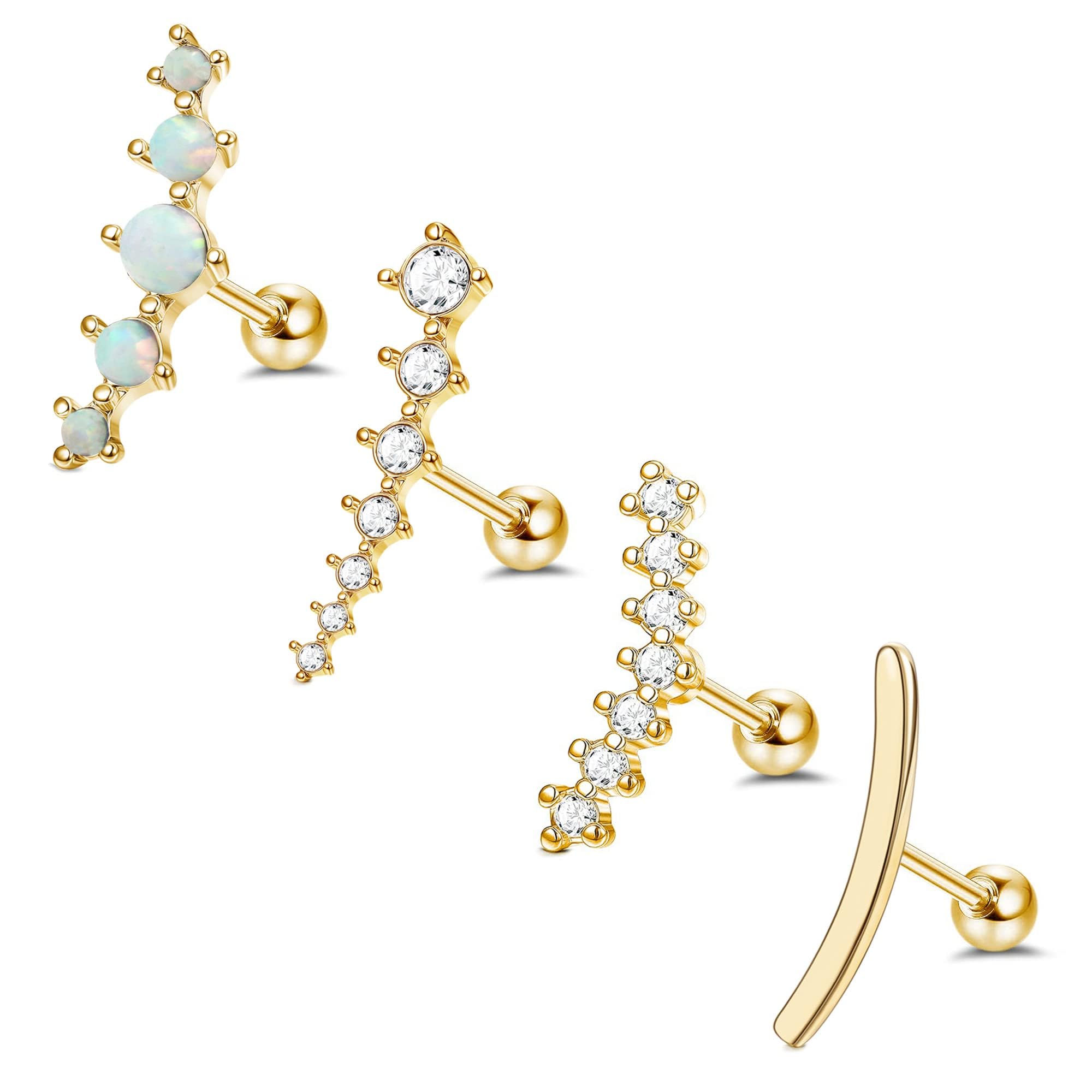 FIBO STEEL 4Pcs 16G Cartilage Earrings for Women Helix Earrings Conch Piercing Jewelry Opal CZ Bar Cartilage Daith Tragus Piercing Jewelry Screw Back Stud Earrings Set